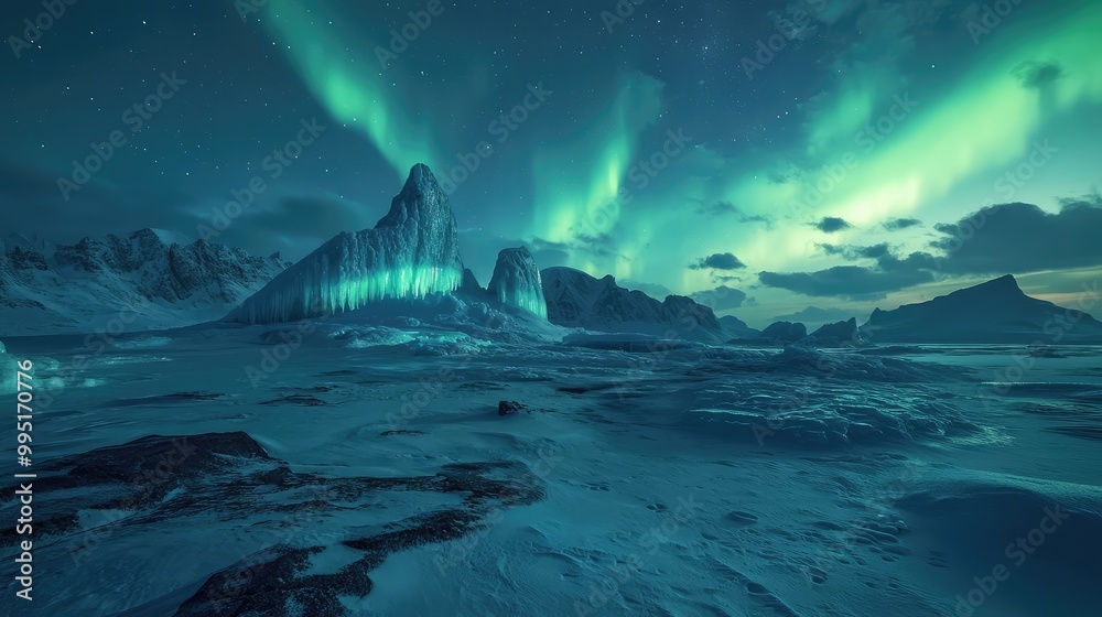 A frozen tundra with glowing ice formations and auroras dancing in the sky