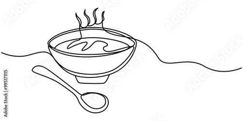 Continuous one single line of a soup with spoon food concept in silhouette on a white background. Linear stylized, Cartoon soup pictures for kids This is a vector illustration for preschool and home