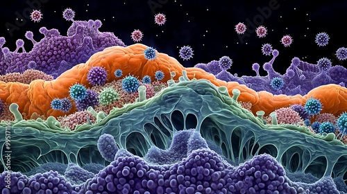 Virus Binding to Lung Cells A detailed view of virus particles binding to receptors on lung epithelial cells, showing the early stages of infection.