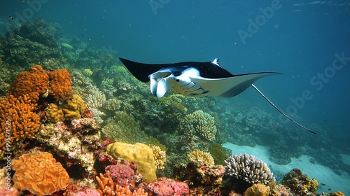Fototapeta Naklejka Na Ścianę i Meble -  A majestic manta ray glides gracefully through the clear blue water over a vibrant coral reef.