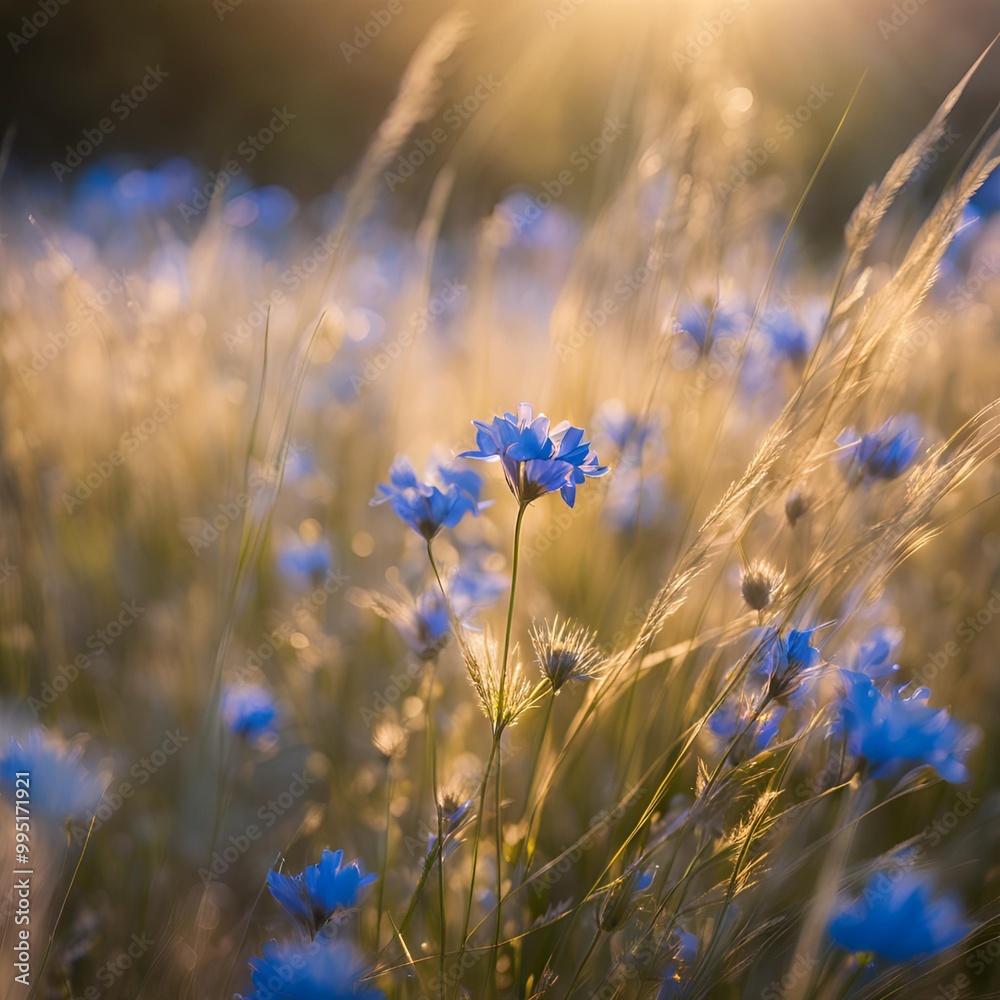 Close-up of blue wildflowers with golden sunlight and soft bokeh in a grassy landscape
Close-up of blue wildflowers with golden sunlight and soft bokeh in a grassy landscape