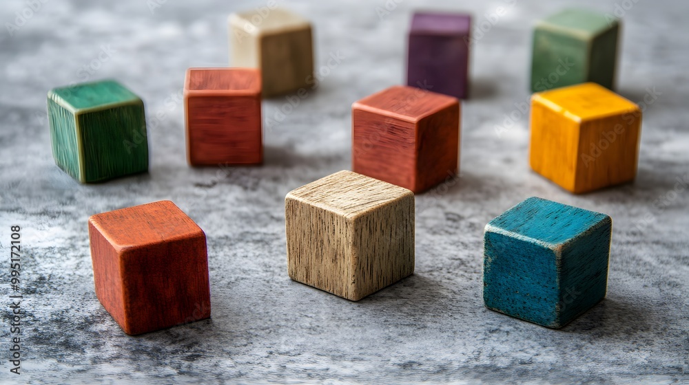 Colorful Wooden Cubes Scattered on a Grey Surface Colorful Wooden Cubes Scattered on a Grey Surface