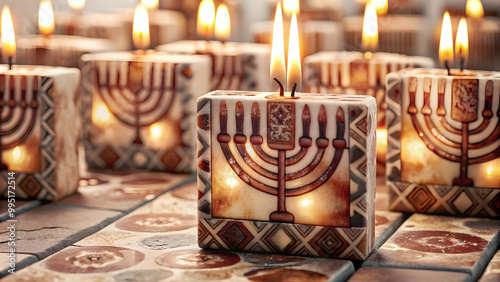 3D Watercolor Seamless Tiles Featuring Hanukkah Candles Made from Soy Wax � Sustainable Zero Waste Holiday Decor in Soft Warm Hues, Modern Touch