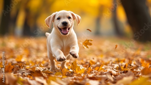 Playful Labrador Puppy in Autumn Leaves, a cheerful young dog dashes through vibrant fallen leaves, embodying the spirit of joy and freedom in a colorful seasonal setting