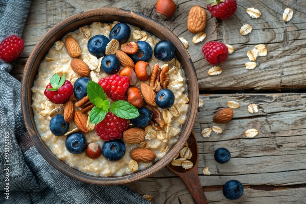 Overhead view of a bowl of oatmeal with berries and nuts on a table, healthy breakfast, detailed and inviting Overhead view of a bowl of oatmeal with berries and nuts on a table, healthy breakfast, detailed and inviting