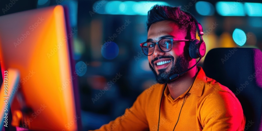 Smiling man in headset at computer, colorful lighting background. Smiling man in headset at computer, colorful lighting background.