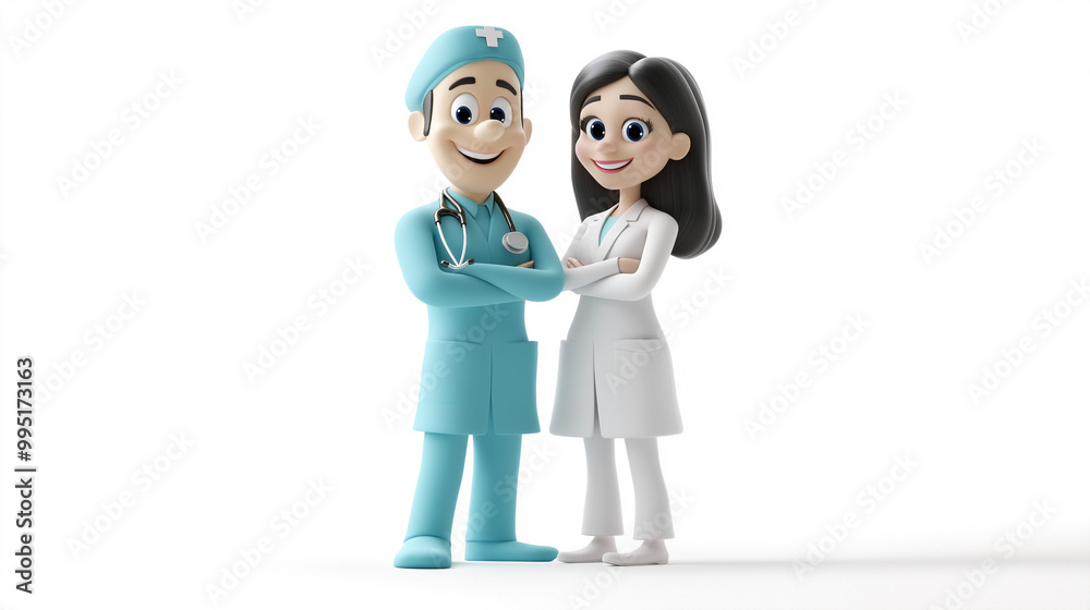 Smiling Cartoon Doctor with Medical Tools on White Background Smiling Cartoon Doctor with Medical Tools on White Background