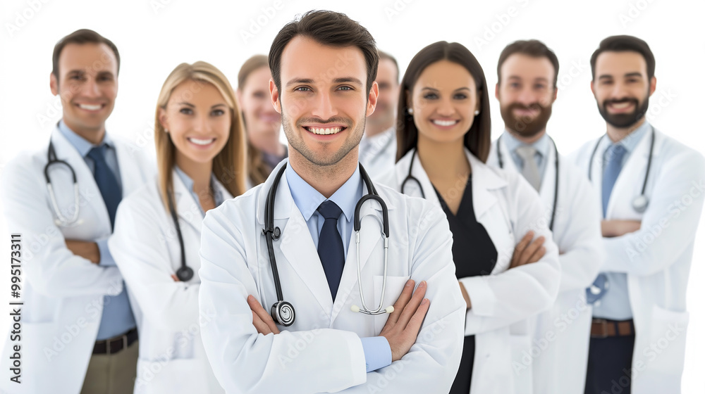 Smiling Cartoon Doctor with Medical Tools on White Background Smiling Cartoon Doctor with Medical Tools on White Background