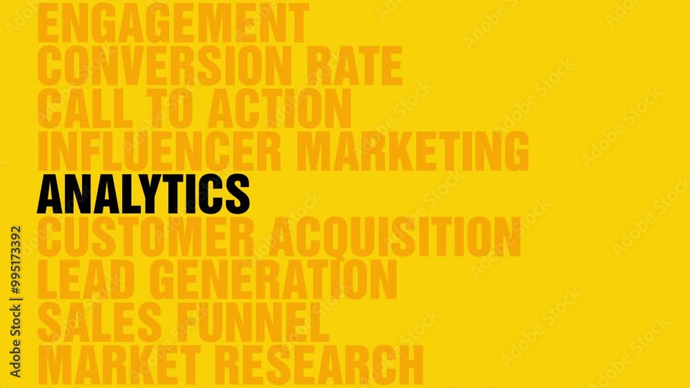 Marketing keywords highlighted sliding up with yellow background