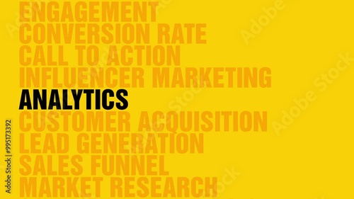 Marketing keywords highlighted sliding up with yellow background
