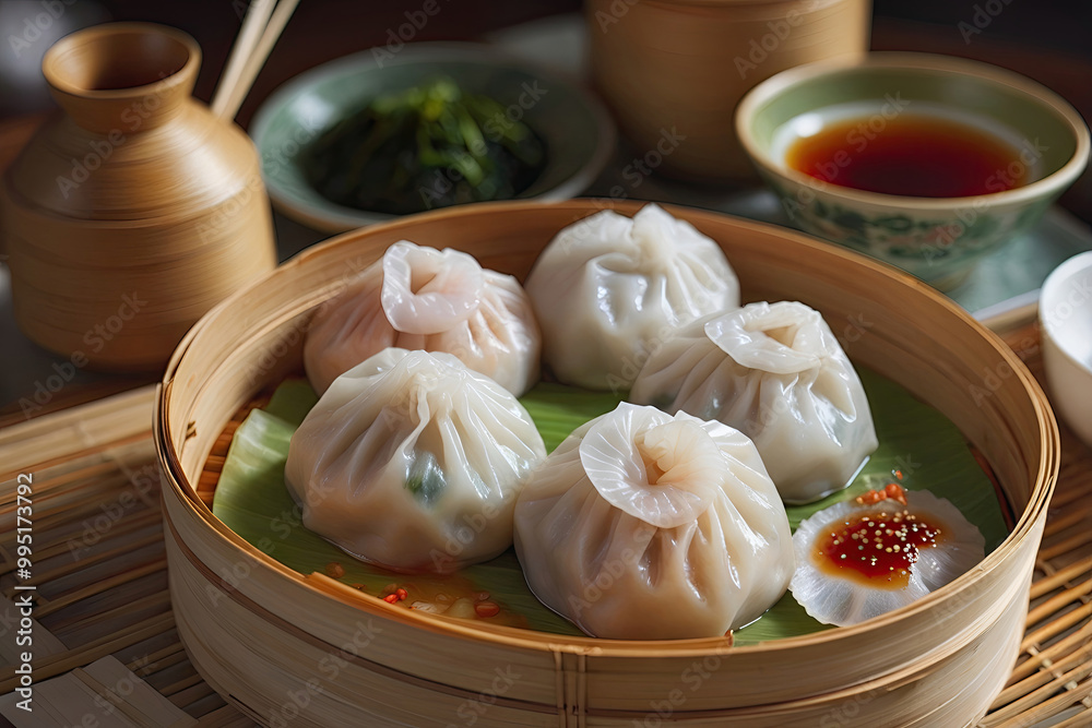 Steamed dumplings asian dim sum in bamboo steamer, chinese cuisine Steamed dumplings asian dim sum in bamboo steamer, chinese cuisine