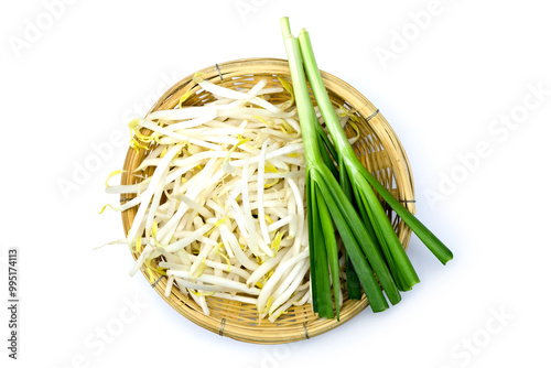 Side dishes of Pad Thai, garlic chives and bean sprout, in wooden basket isolated on white background top view flat lay stacking
