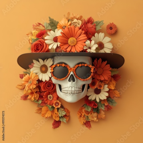 Colorful skull adorned with flowers and sunglasses, perfect for festive decorations or seasonal themes. photo