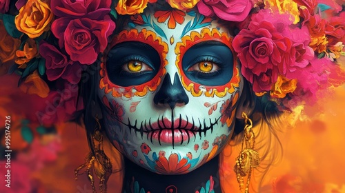 Vibrant Day of the Dead Face Paint with Colorful Floral Headpiece