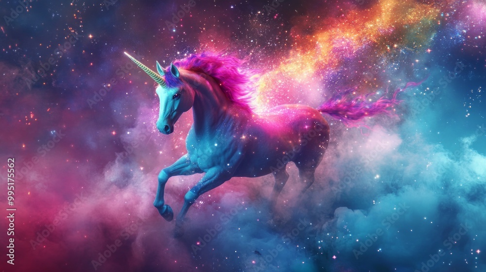 Fototapeta premium Vibrant Unicorn Dreamscape, a surreal world filled with a kaleidoscope of colors, where a lively unicorn dances joyfully, leaving a sparkling trail of stars behind.