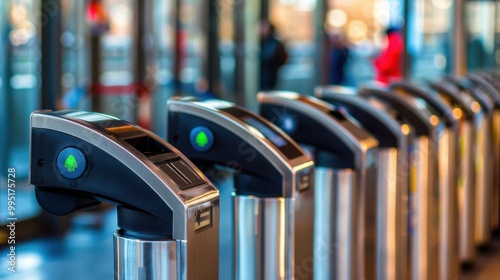 Turnstile Gate: A rotating arm barrier at waist height, allowing passenger entry upon swiping their transit card, indicated by a beep and a green light for access.
