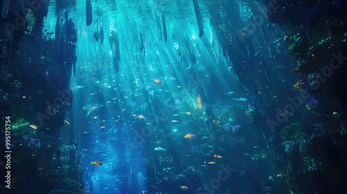 A futuristic underwater city where glowing aquatic creatures swim through crystal-clear water