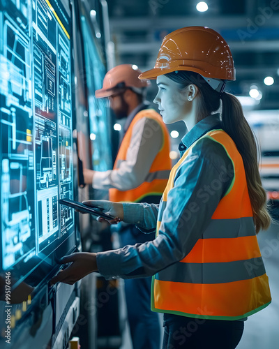 Engineers Monitoring Operations with Advanced Digital Displays in a Warehouse Environment