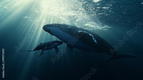 A humpback whale mother and calf swim through sunlit ocean water.