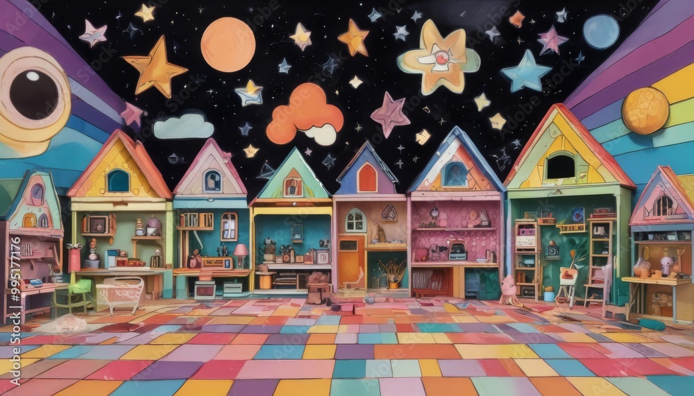 A colorful room with a starry sky and houses A colorful room with a starry sky and houses