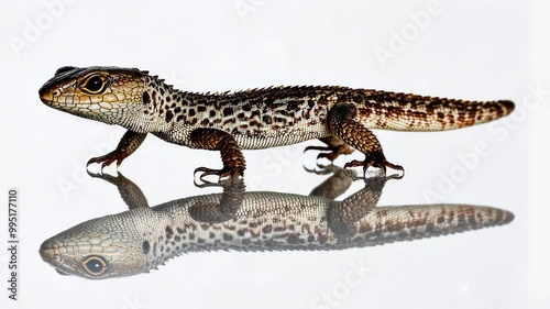 A small, brown lizard with black spots walks across a smooth white surface photo