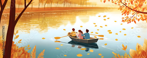 Group of Friends Rowing on a Tranquil Lake Surrounded by Autumn Foliage photo