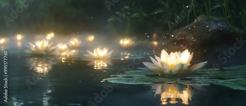 A serene water scene featuring glowing lotus flowers, with reflections shimmering in calm waters and a misty background.