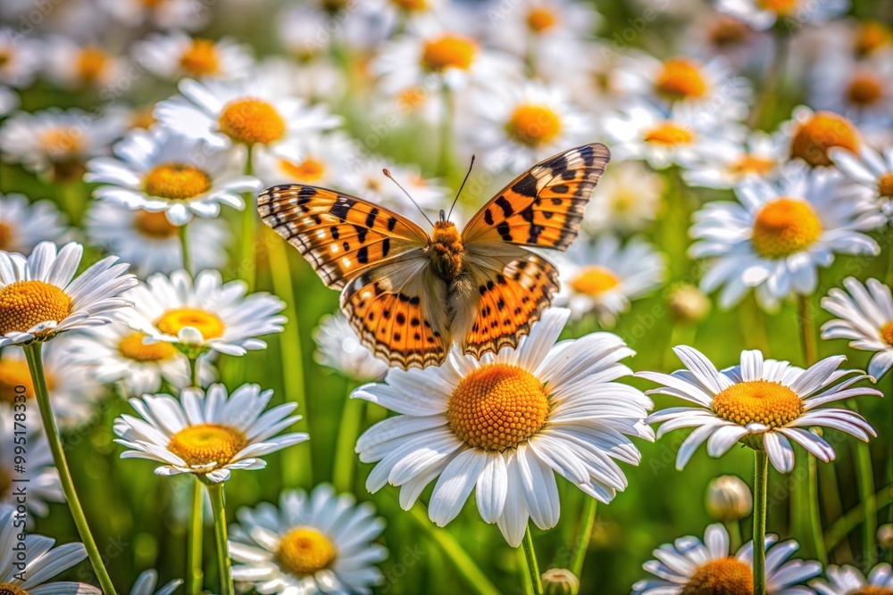 Butterfly resting on daisy in field of wildflowers Butterfly resting on daisy in field of wildflowers