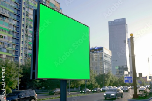 green screen billboard mockup with city background, advertising 