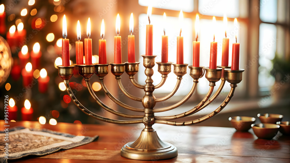 3D Floating Hanukkah Menorah with Flickering Candles - Modern Traditional Design Isolated on White Background for Contemporary Holiday Visuals 3D Floating Hanukkah Menorah with Flickering Candles - Modern Traditional Design Isolated on White Background for Contemporary Holiday Visuals
