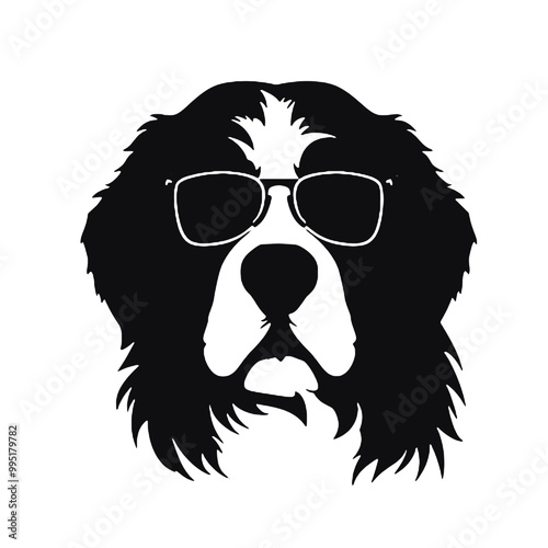 Trendy Bernese Mountain Dog with Sunglasses Silhouette Vector Illustration Transparent Background