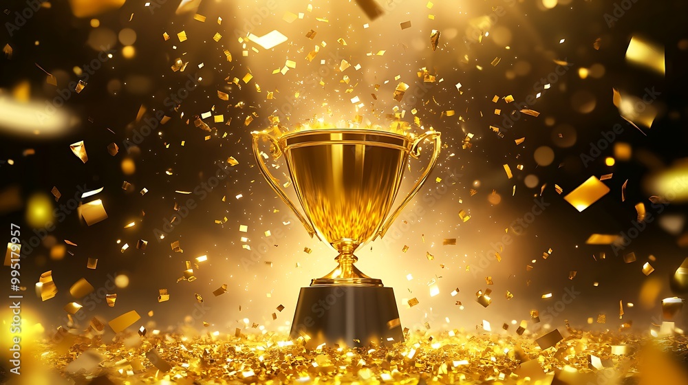 A golden trophy sits on a bed of confetti with a soft glow behind it, symbolizing victory and achievement. A golden trophy sits on a bed of confetti with a soft glow behind it, symbolizing victory and achievement.