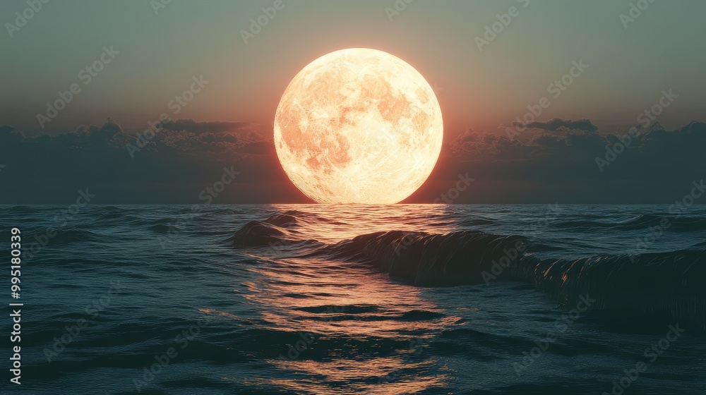 A giant, glowing moon rising over a calm ocean, casting its light on the waves A giant, glowing moon rising over a calm ocean, casting its light on the waves