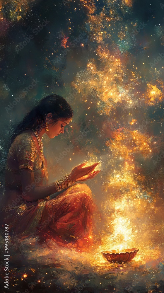 Naklejka premium A woman in traditional clothing meditates by a glowing light