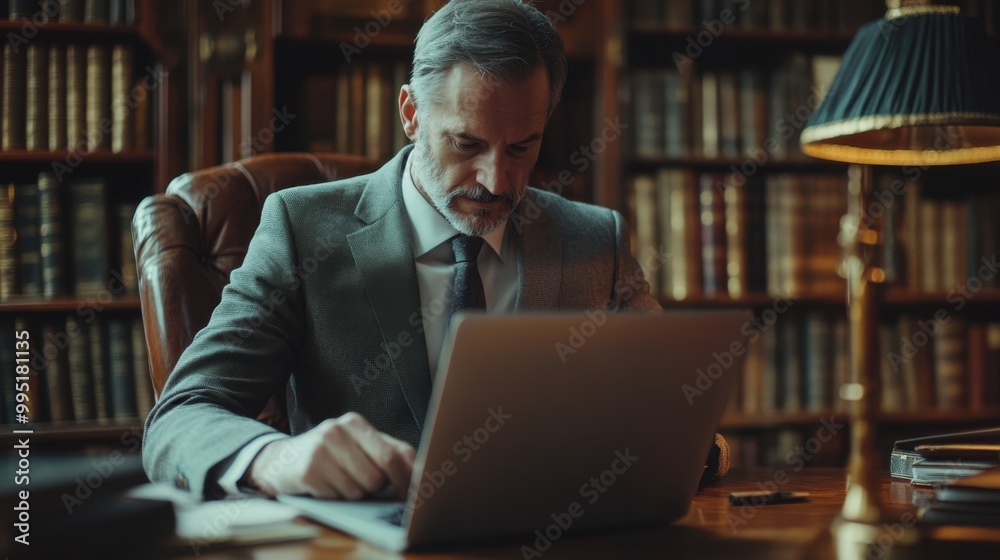 A man in a suit working intently on a laptop in a cozy library filled with books during the afternoon A man in a suit working intently on a laptop in a cozy library filled with books during the afternoon