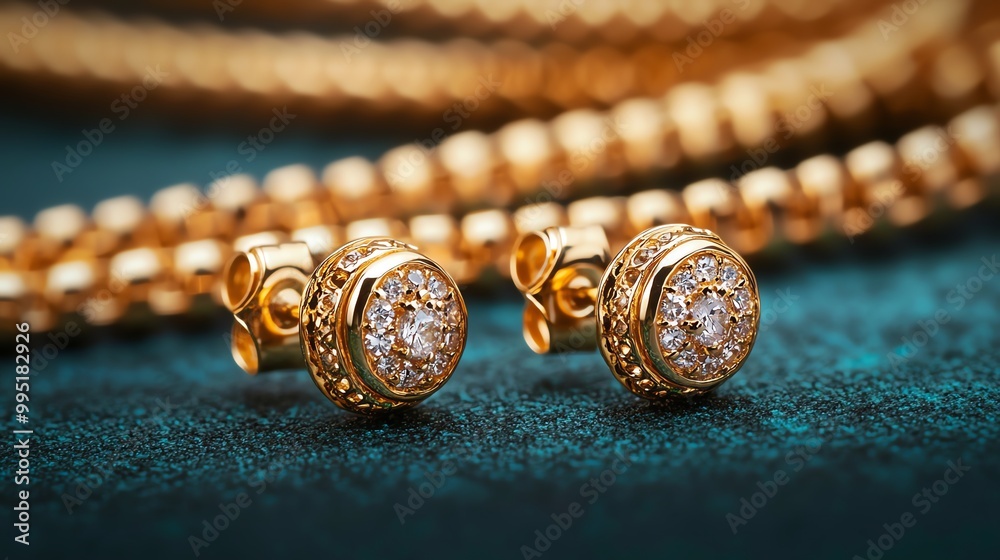 Delicate gold earrings and chains, hand-crafted with intricate patterns, shining brightly, luxurious stock image for jewelry branding Delicate gold earrings and chains, hand-crafted with intricate patterns, shining brightly, luxurious stock image for jewelry branding