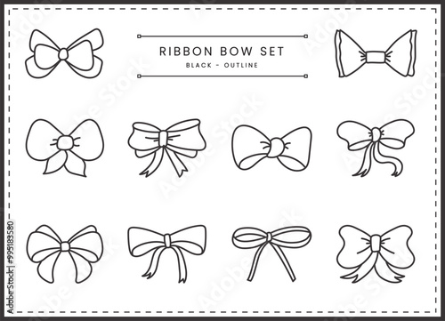 Set of Ribbon Bow Collection. Hand drawn illustration. Simple Flat Outline Cartoon Symbols. Bow knots, Gift ribbons.