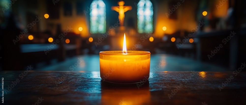 A single candle burns brightly on a wooden surface, with a blurred background of a church interior. A single candle burns brightly on a wooden surface, with a blurred background of a church interior.
