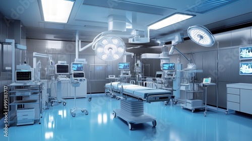 Modern operating room, futuristic medical equipment, surgical lights, hospital bed, sterile environment, blue tint, advanced monitors, medical carts, high-tech machinery, clean lines, spacious interio photo