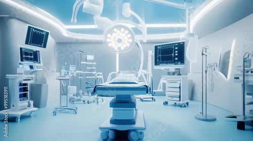 Modern operating room, futuristic medical equipment, surgical lights, hospital bed, sterile environment, blue tint, advanced monitors, medical carts, high-tech machinery, clean lines, spacious interio photo