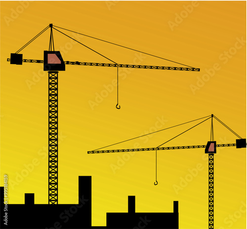 Illustration of silhouette background of construction project crane in orange sky at dusk