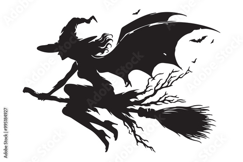 flying witch on a broomstick bats Halloween silhouette Set vector illustration design black and white