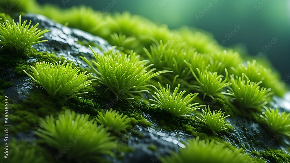 macro shot capturing moss growing on a rock in stunning. AI Generated