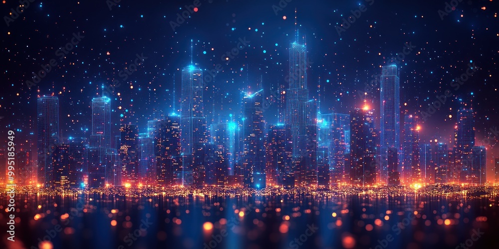 Fototapeta premium Futuristic Cityscape with Glowing Lights and Digital Effects