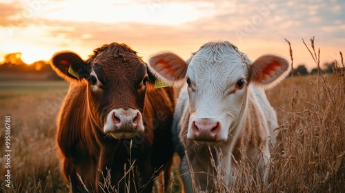 Two Cows in a Field at Sunset