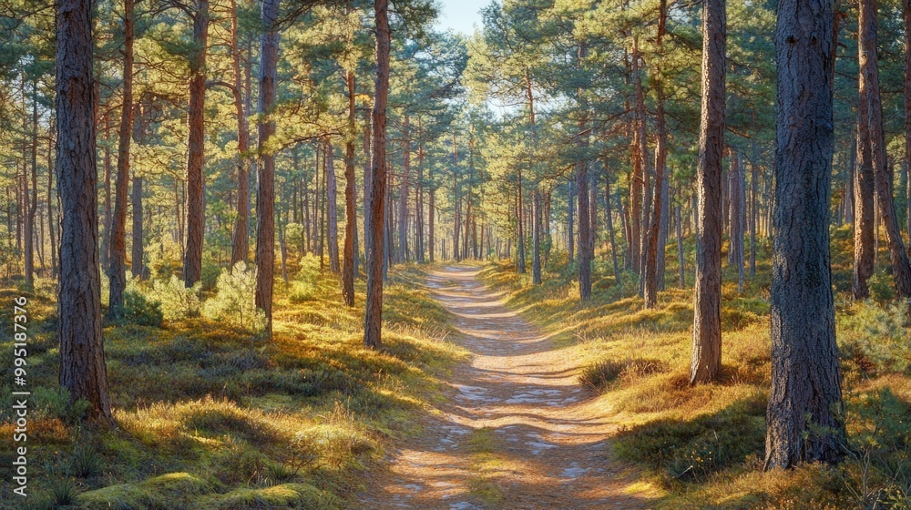 Obraz premium Serene Hiking Path in Pine Forest, a tranquil trail meandering through tall pines, beckoning adventurers to explore its lush surroundings and embrace nature's beauty.