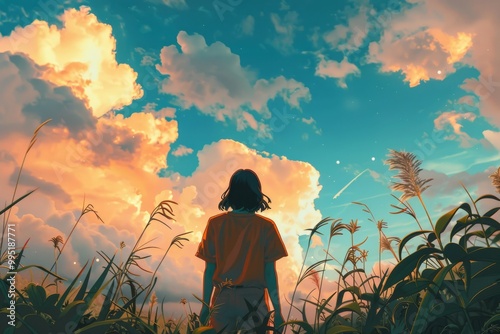 A woman stands in a field of tall grass, looking up at the sky