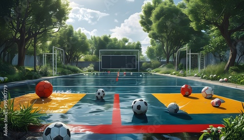 Innovative Soccer Field Blending Water Elements with a Stunning Depth of Field and Clear Focus on Every Detail photo