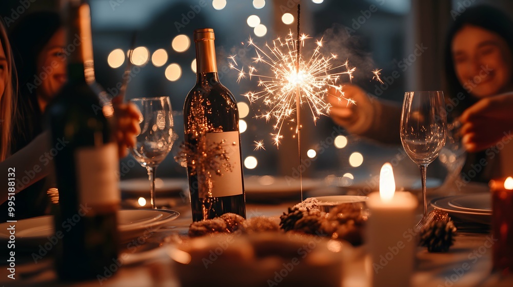 Happy friends enjoying Christmas dinner with sparklers and wine
Happy friends enjoying Christmas dinner with sparklers and wine