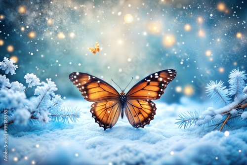 Delicate butterfly resting on snow-covered branch in winter